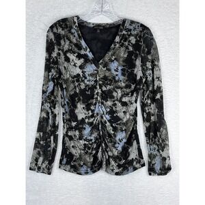ANNE KLEIN New York Women's 100% Silk Black Blue Long‎ Sleeve Blouse Size S